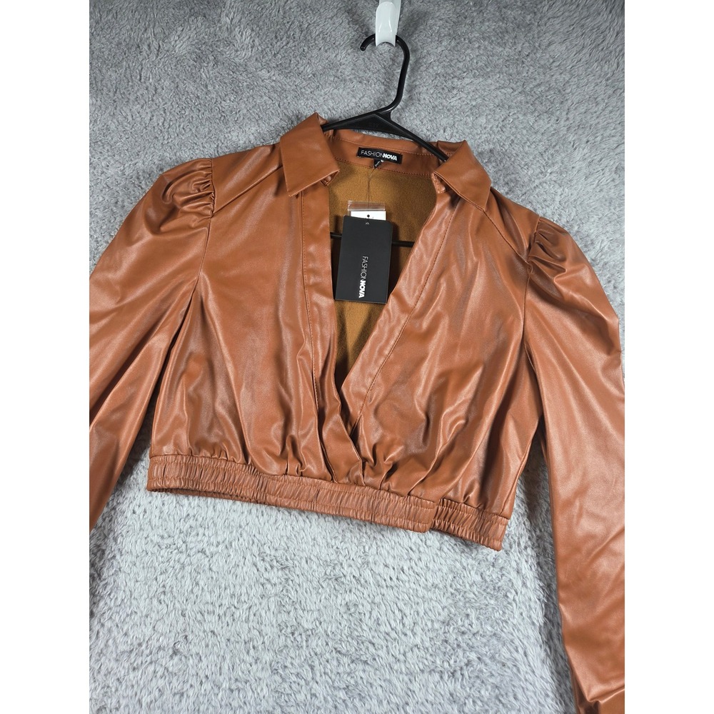 Fashion Nova For The Last Time PU Leather Top S Cognac Womens Puff Sleeve Crop